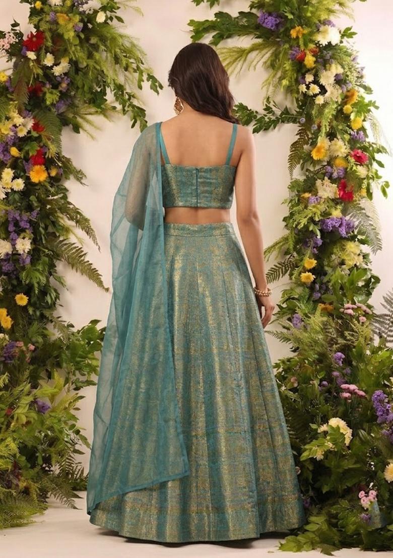Teal Blue Brocade Lehenga Set - Indya