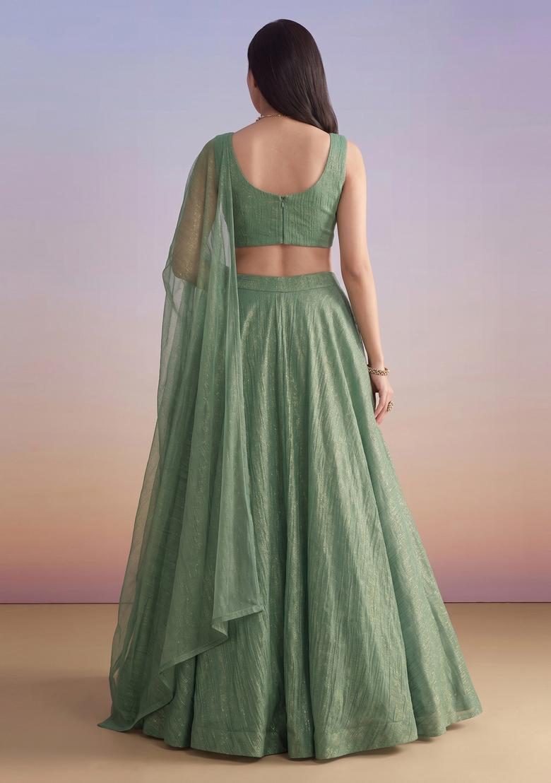 Sage Green Solid Tissue Lehenga Set - Indya