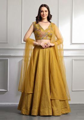 Mustard Printed Organza Lehenga Set