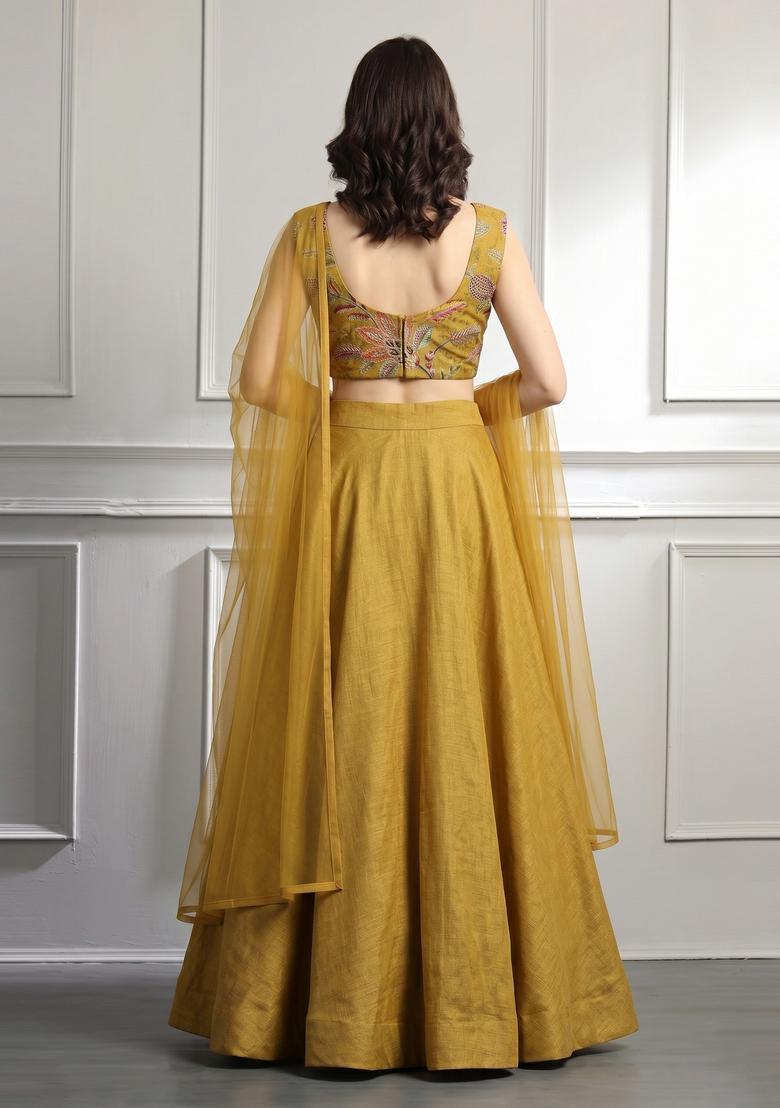 Mustard Printed Organza Lehenga Set - Indya