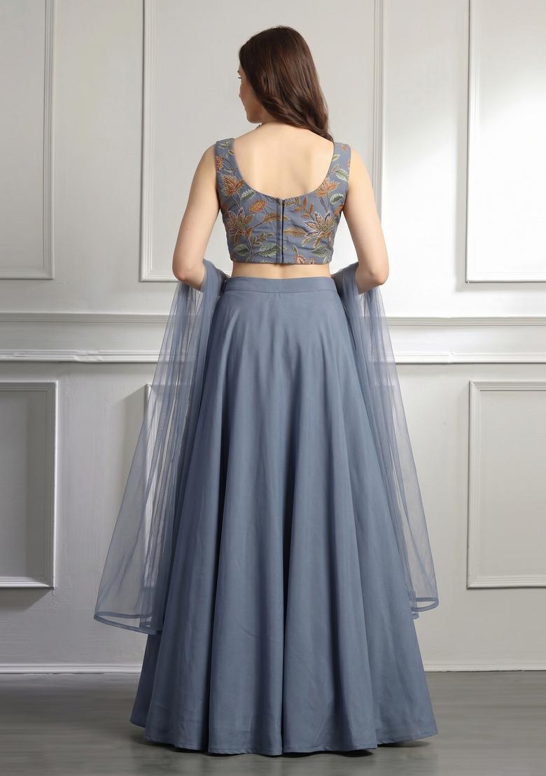 Slate Grey Printed Organza Lehenga Set - Indya