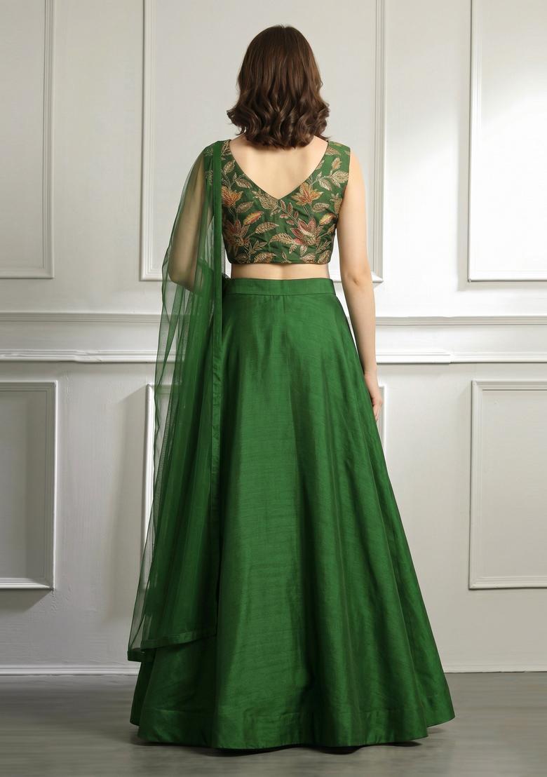 Emerald Green Printed Organza Lehenga Set - Indya