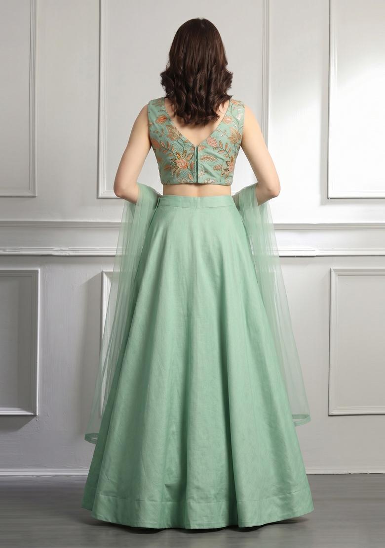 Mint Green Printed Organza Lehenga Set - Indya