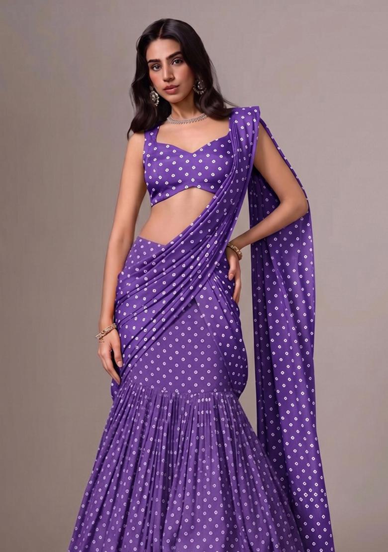 Purple Printed Silk Blend Lehenga Set - Indya