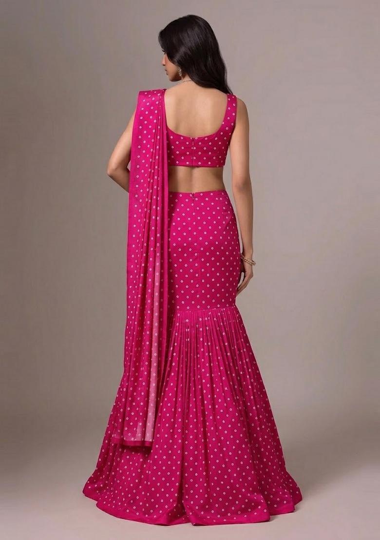 Hot Pink Printed Silk Blend Pre Draped Saree Set - Indya