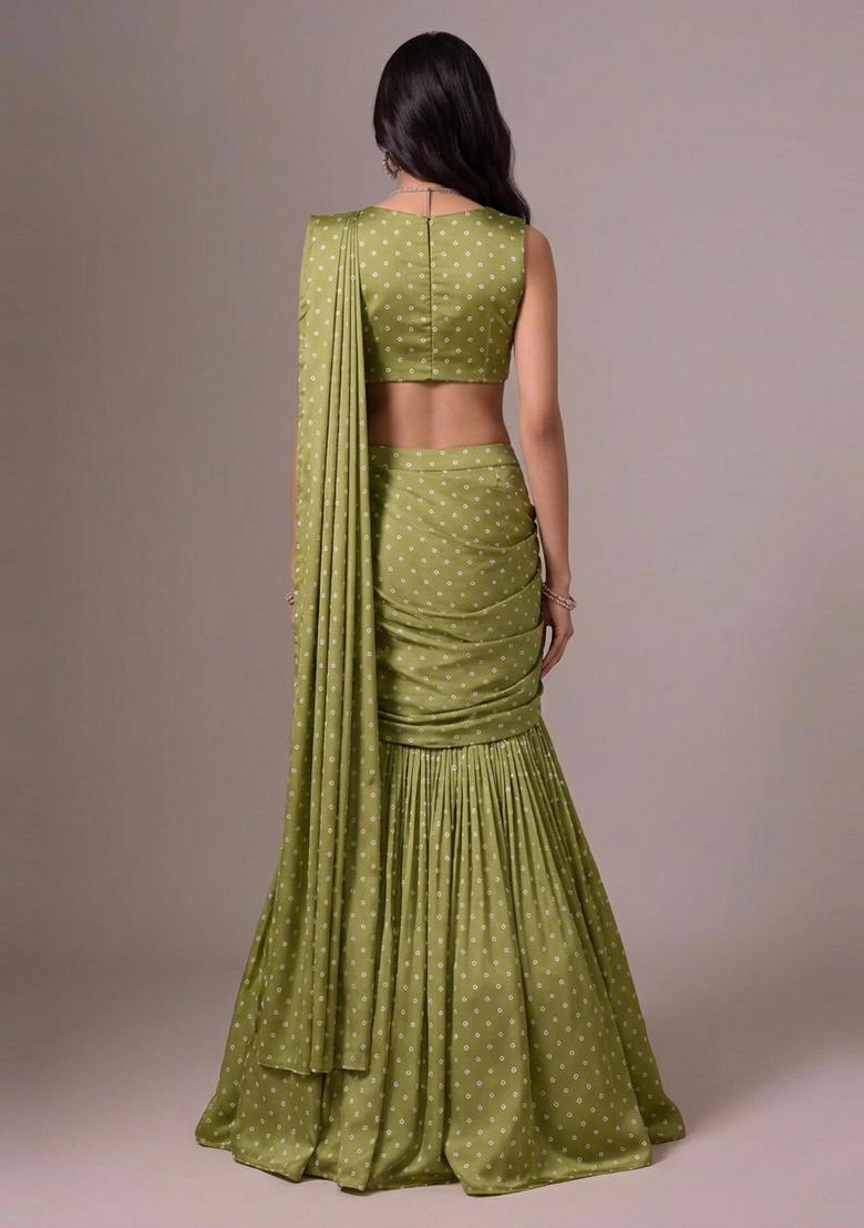 Olive Green Printed Silk Blend Pre Draped Saree Set - Indya