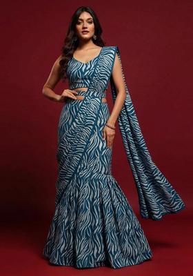 Teal Blue Abstract Print Crepe Pre Draped Saree Set