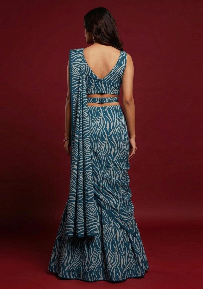 Teal Blue Abstract Print Crepe Pre Draped Saree Set - Indya