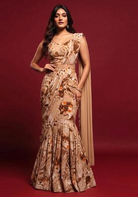 Beige Floral Print Crepe Pre Draped Saree Set