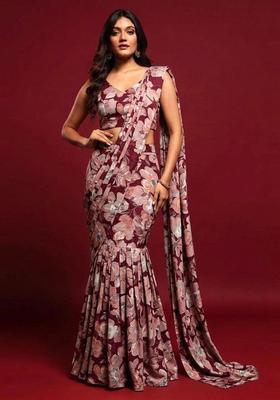 Burgundy Wine Floral Print Crepe Pre Draped Saree Set