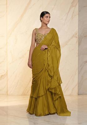 Lime Green Embroidered Handwork Pre Draped Saree Set