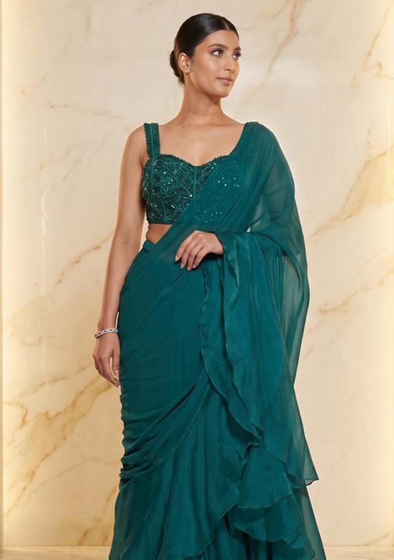 Teal Green Embroidered Handwork Pre Draped Saree Set - Indya