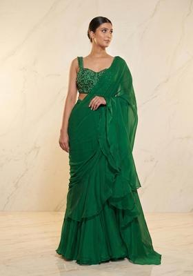 Green Embroidered Handwork Pre Draped Saree Set