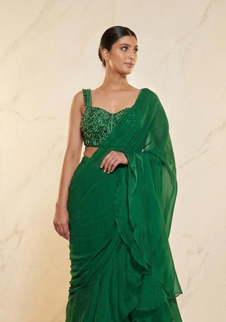 Green Embroidered Handwork Pre Draped Saree Set - Indya