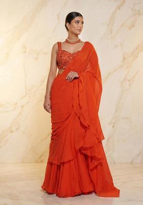 Orange Embroidered Handwork Pre Draped Saree Set