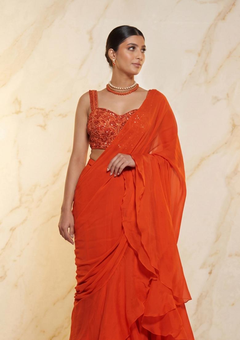 Orange Embroidered Handwork Pre Draped Saree Set - Indya