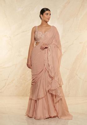 Dusty Pink Embroidered Handwork Pre Draped Saree Set