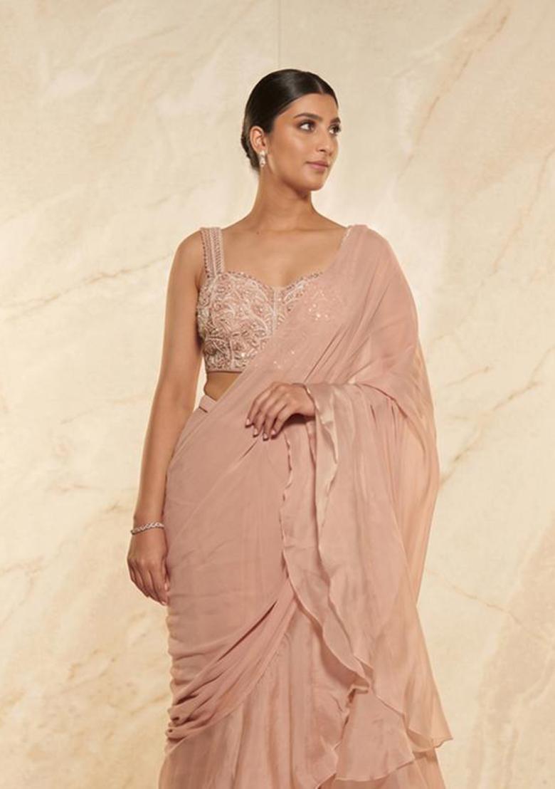 Dusty Pink Embroidered Handwork Pre Draped Saree Set - Indya