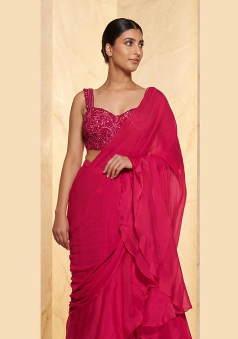 Magenta Pink Embroidered Handwork Pre Draped Saree Set - Indya