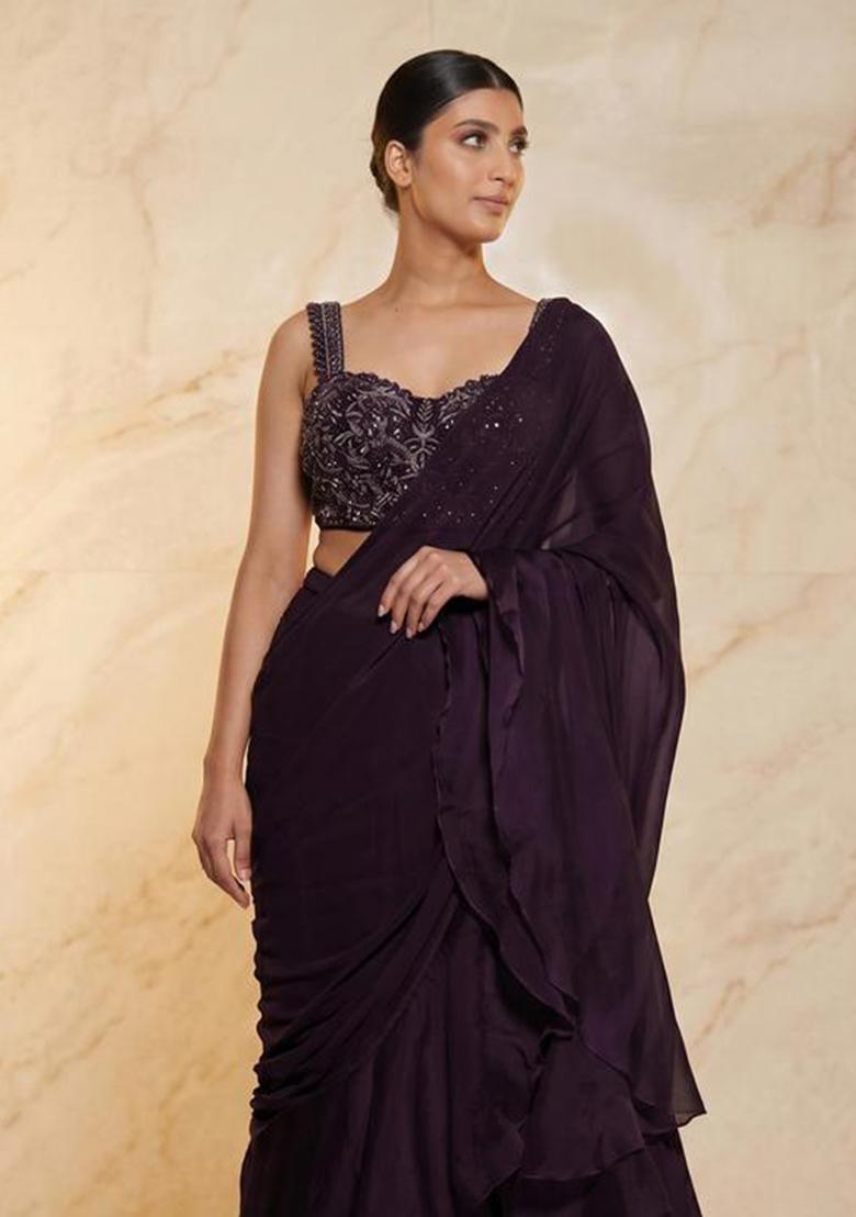 Deep Wine Embroidered Handwork Pre Draped Saree Set - Indya