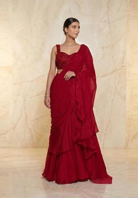 Deep Red Embroidered Handwork Pre Draped Saree Set