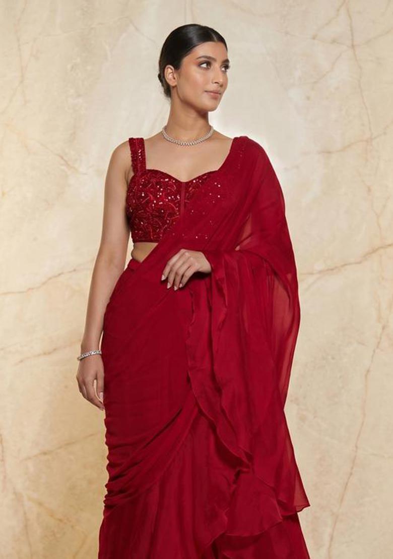 Deep Red Embroidered Handwork Pre Draped Saree Set - Indya