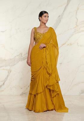 Mustard Embroidered Handwork Pre Draped Saree Set