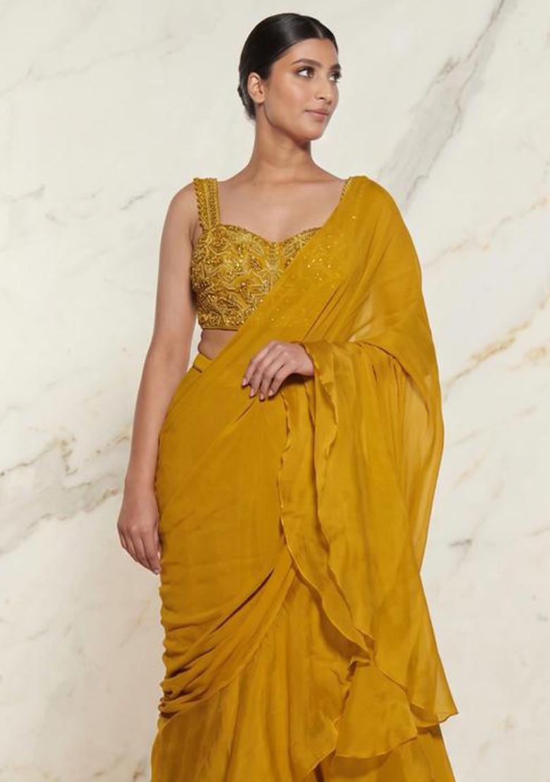 Mustard Embroidered Handwork Pre Draped Saree Set - Indya