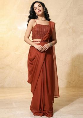 Rust Orange Embroidered Handwork Pre Draped Saree Set
