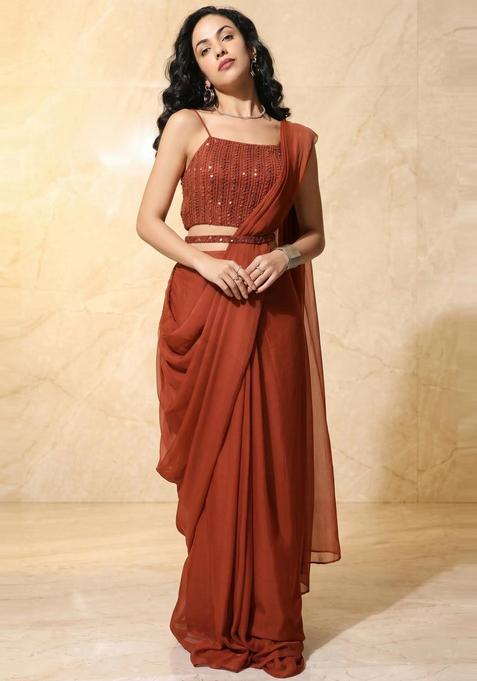 Rust Orange Embroidered Handwork Pre Draped Saree Set