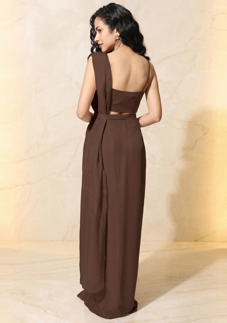 Coffee Brown Embroidered Handwork Pre Draped Saree Set - Indya