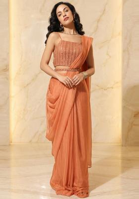 Burnt Orange Embroidered Handwork Pre Draped Saree Set