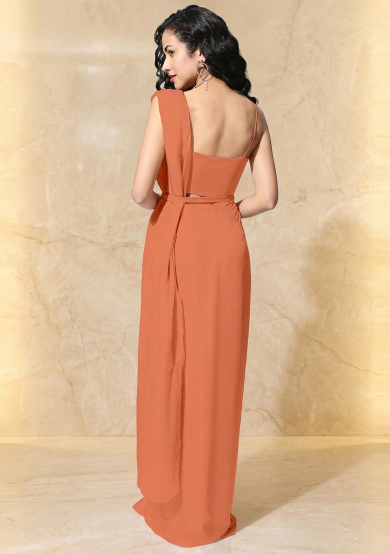 Burnt Orange Embroidered Handwork Pre Draped Saree Set - Indya