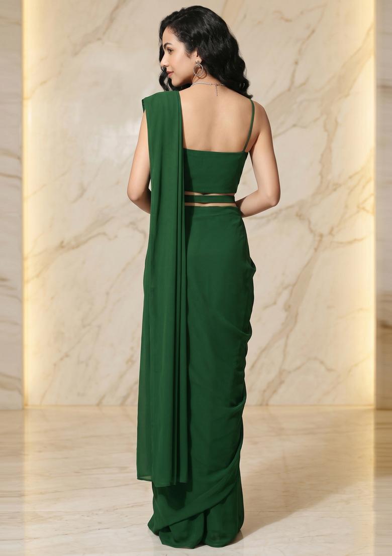 Forest Green Embroidered Handwork Pre Draped Saree Set - Indya