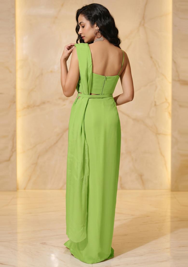 Lime Green Embroidered Handwork Pre Draped Saree Set - Indya