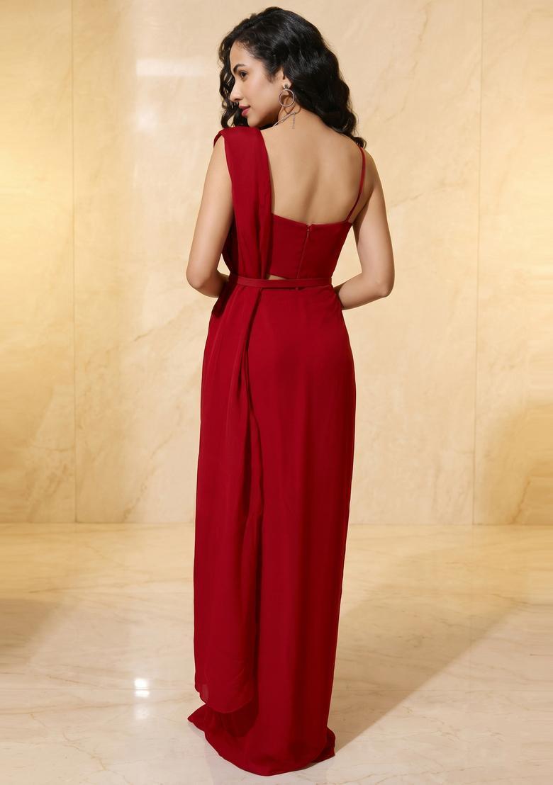Deep Red Embroidered Handwork Pre Draped Saree Set - Indya