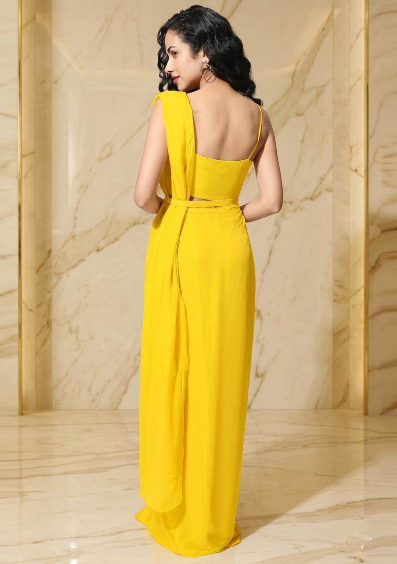 Yellow Embroidered Handwork Pre Draped Saree Set - Indya
