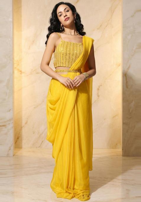 Yellow Embroidered Handwork Pre Draped Saree Set