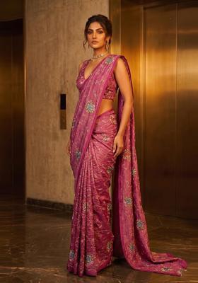 Dusty Pink Zari Work Tissue Pre Draped Saree Set