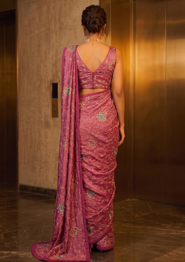 Dusty Pink Zari Work Tissue Pre Draped Saree Set - Indya