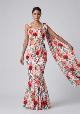 Off White Floral Print Satin Pre Draped Saree Set