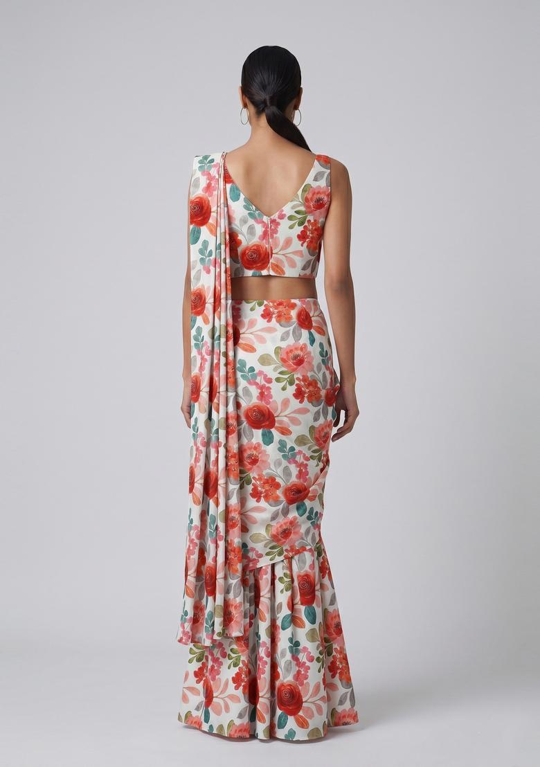 Off White Floral Print Satin Pre Draped Saree Set - Indya