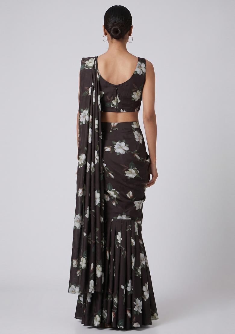 Black Floral Print Satin Pre Draped Saree Set - Indya