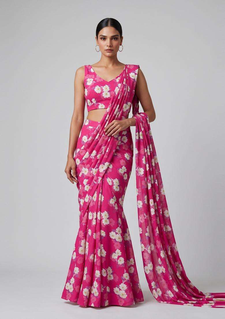 Rani Pink Floral Print Satin Pre Draped Saree Set - Indya