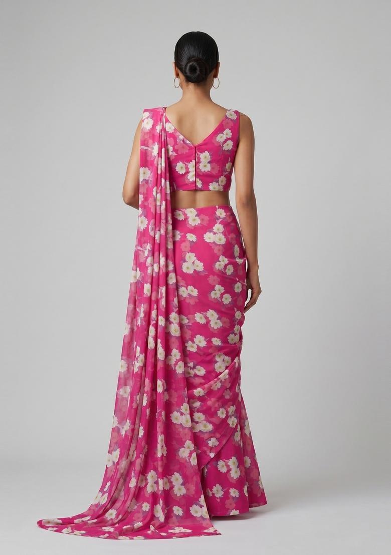 Rani Pink Floral Print Satin Pre Draped Saree Set - Indya