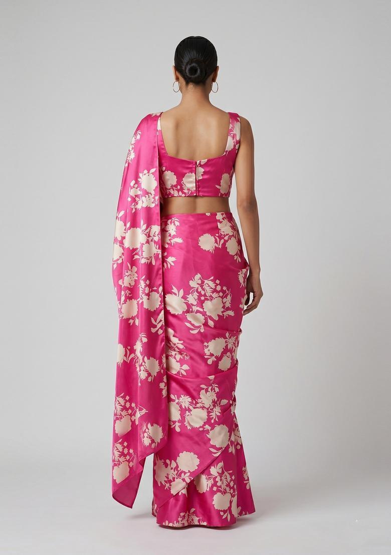 Hot Pink Floral Print Satin Pre Draped Saree Set - Indya