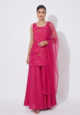 Magenta Pink Embroidered Tissue Sharara Set