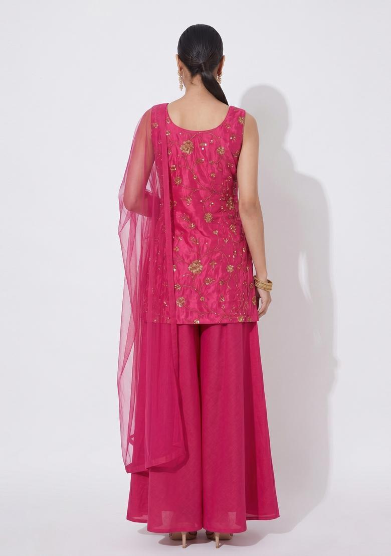 Magenta Pink Embroidered Tissue Sharara Set - Indya