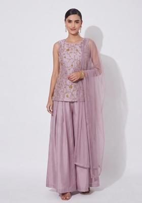 Dusty Purple Embroidered Tissue Sharara Set
