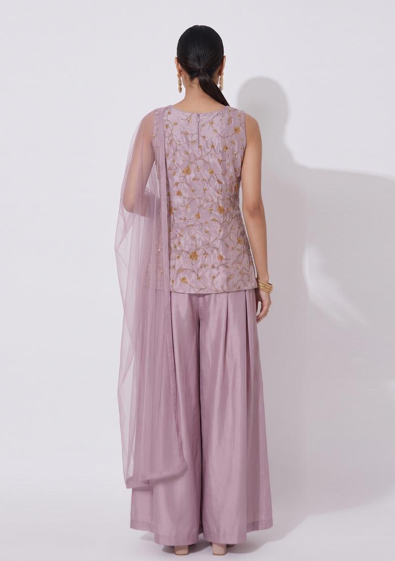 Dusty Purple Embroidered Tissue Sharara Set - Indya